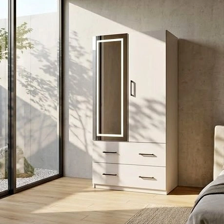Modern White Wardrobe with LED Mirror and Storage Drawers