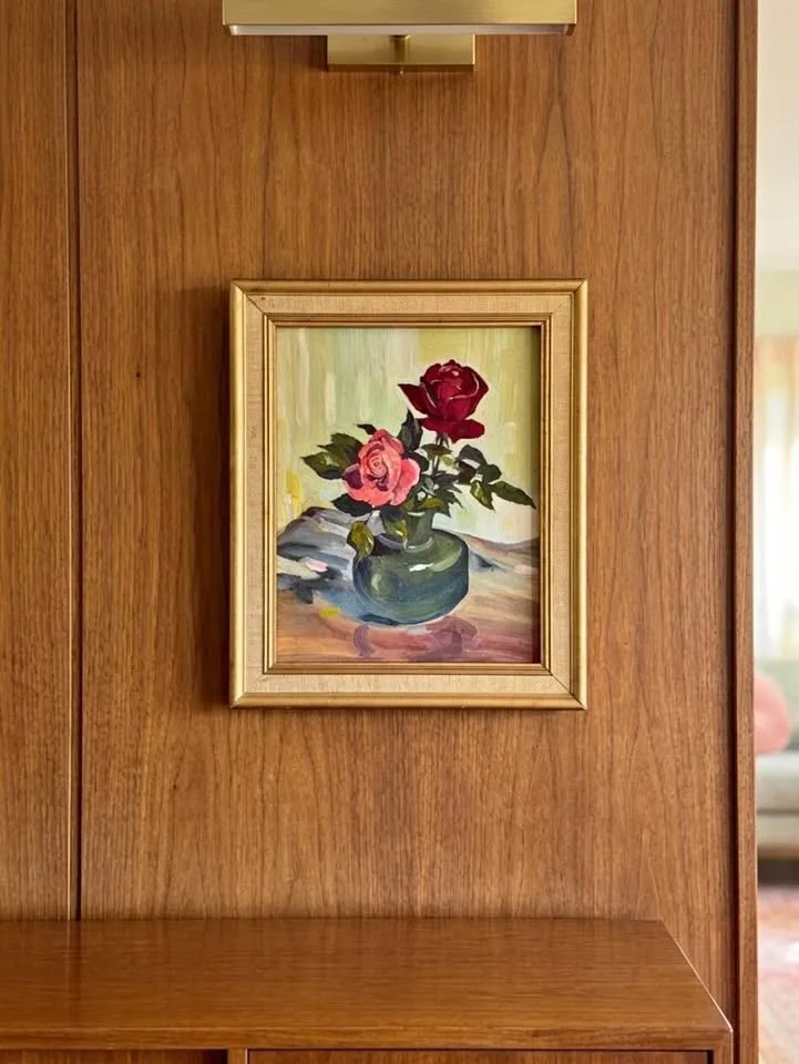 Vintage Original Rose Oil Painting – Framed Mid Century Still Li