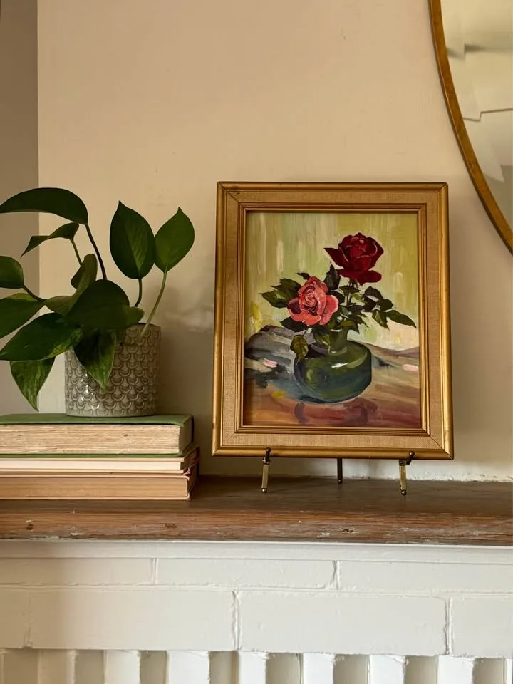 Vintage Original Rose Oil Painting – Framed Mid Century Still Li - photo 2