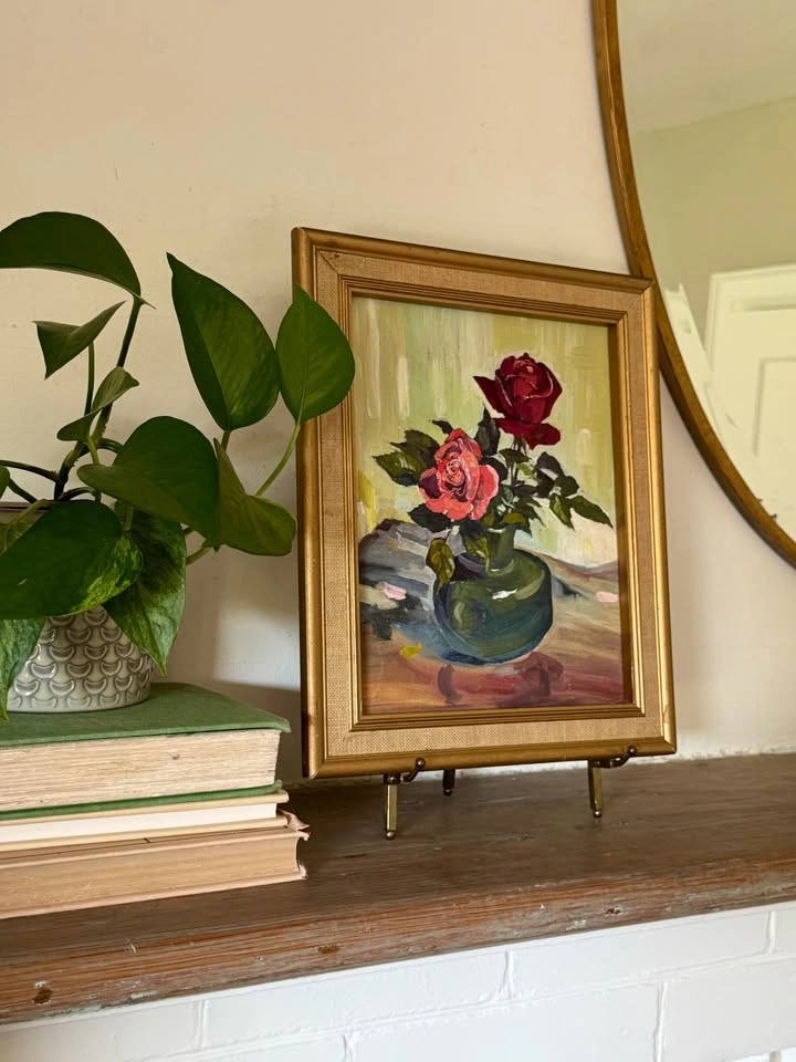 Vintage Original Rose Oil Painting – Framed Mid Century Still Li - photo 3