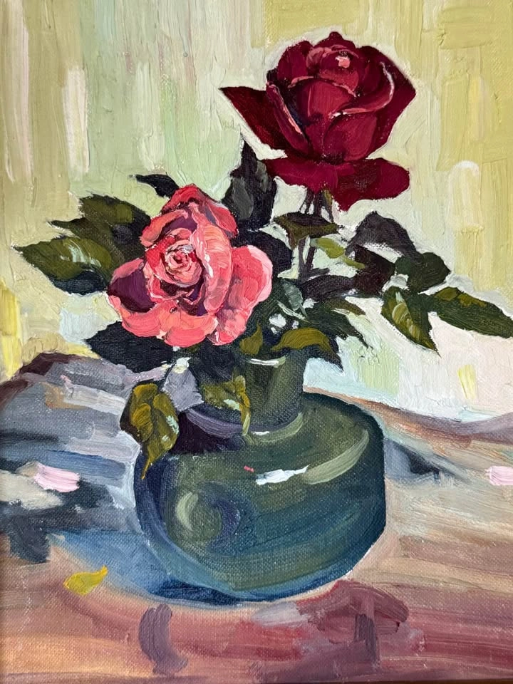 Vintage Original Rose Oil Painting – Framed Mid Century Still Li - photo 4