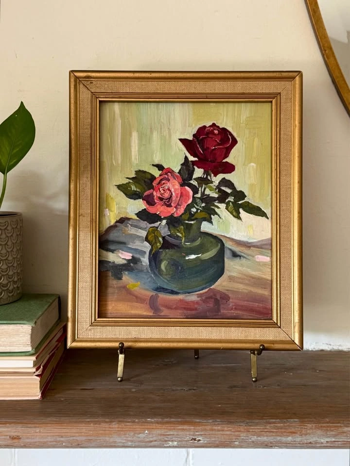Vintage Original Rose Oil Painting – Framed Mid Century Still Li - photo 5