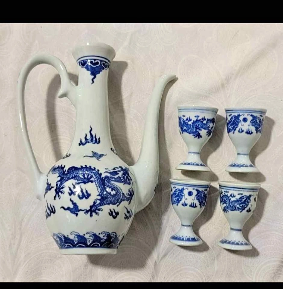 Vintage Blue and White Porcelain Dragon Sake Set