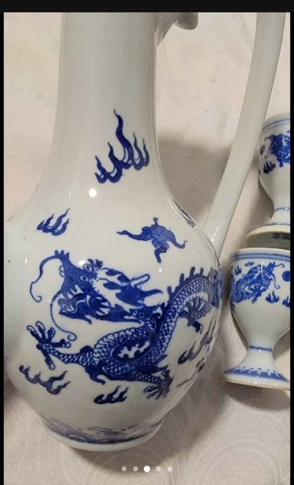 Vintage Blue and White Porcelain Dragon Sake Set - photo 3