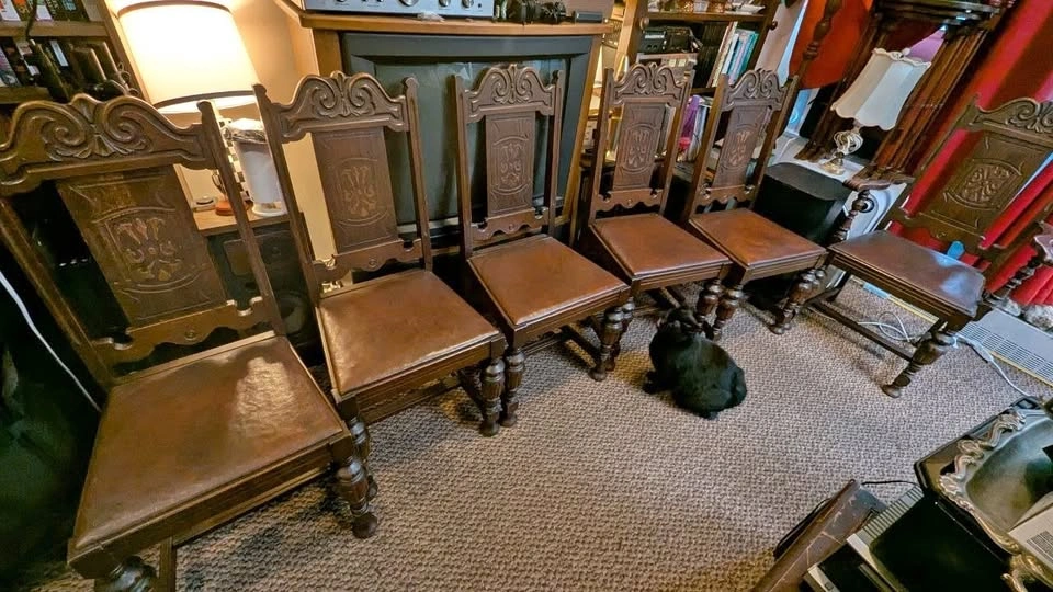 Set of 6 Antique Oak Dining Chairs, one with arms