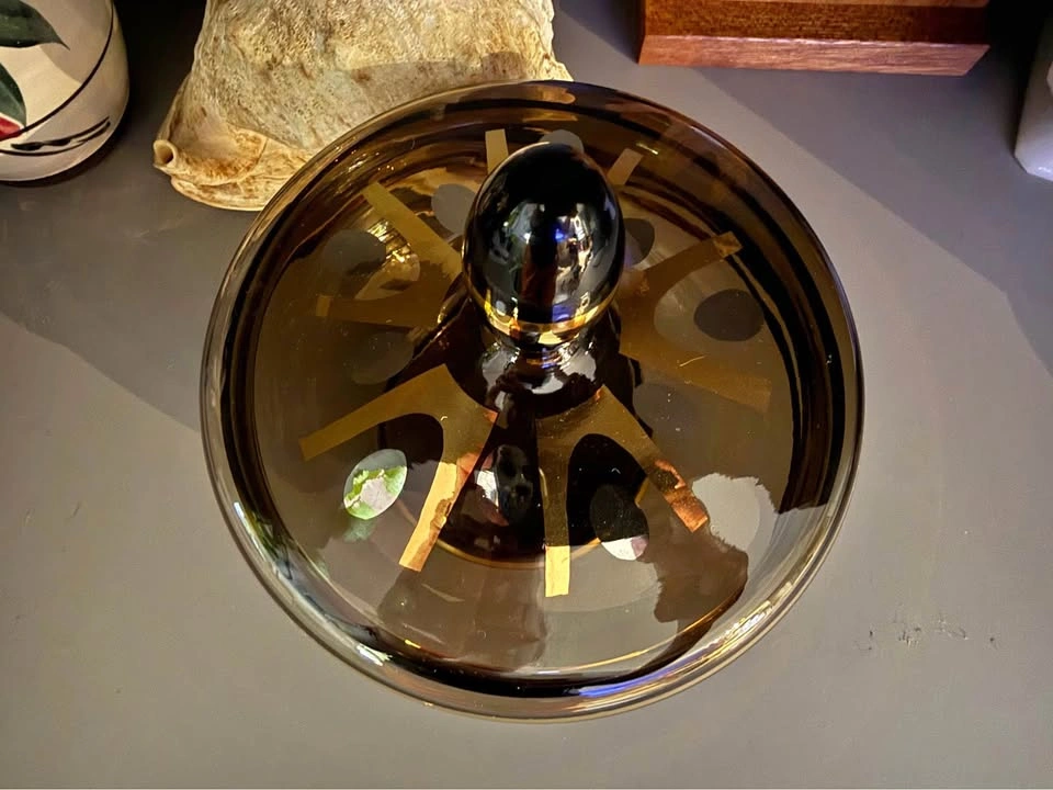 MCM Amber glass covered candy dish with gold accents - photo 2