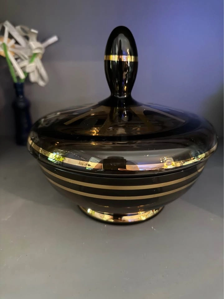 MCM Amber glass covered candy dish with gold accents