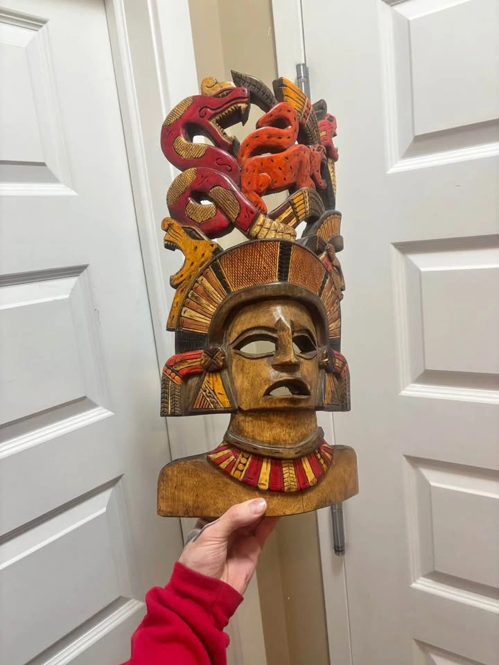 Hand-Carved Mayan Aztec Style Wooden Mask 19”