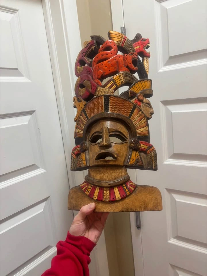 Hand-Carved Mayan Aztec Style Wooden Mask 19” - photo 2