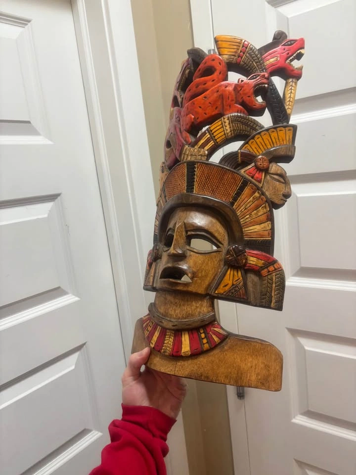 Hand-Carved Mayan Aztec Style Wooden Mask 19” - photo 3