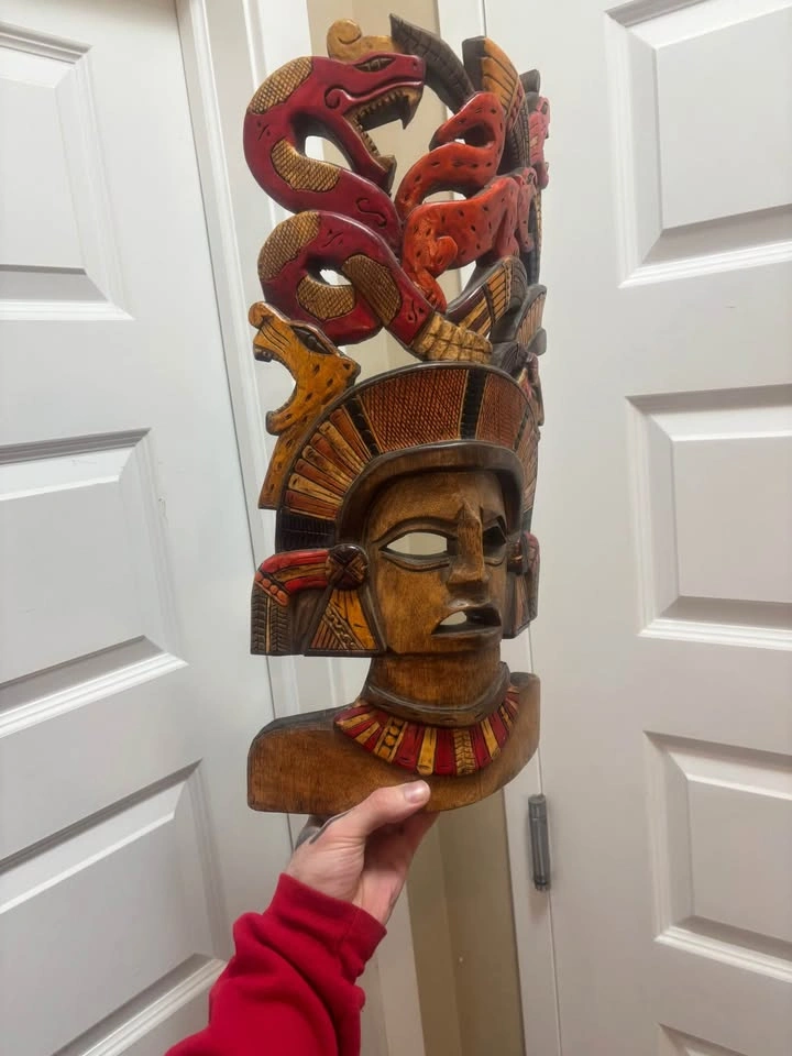 Hand-Carved Mayan Aztec Style Wooden Mask 19” - photo 4
