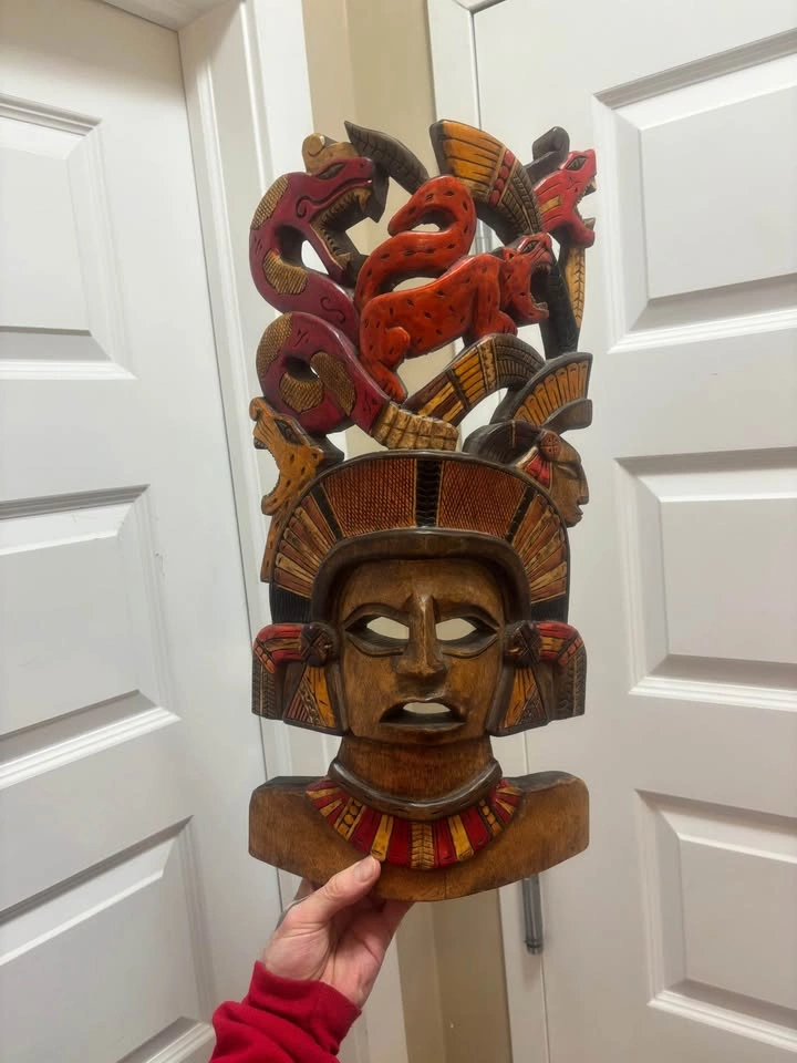 Hand-Carved Mayan Aztec Style Wooden Mask 19” - photo 5
