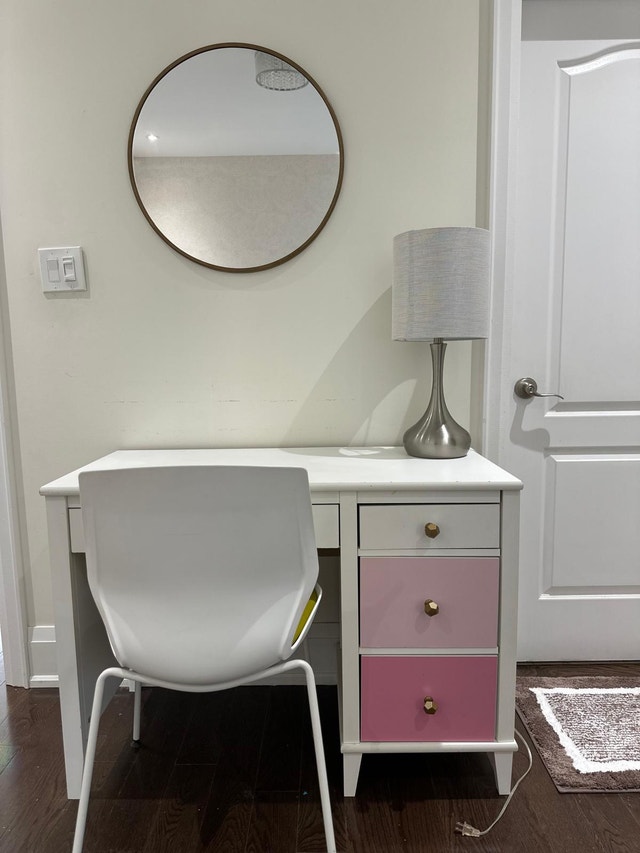 Desk/vanity, chair, mirror and lamp