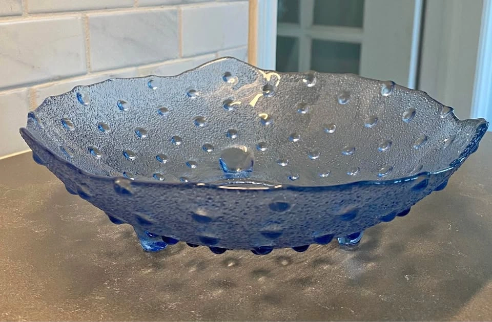 Vintage MCM Blue Hobnail Glass Footed Bowl