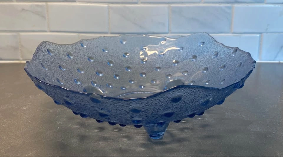 Vintage MCM Blue Hobnail Glass Footed Bowl - photo 2