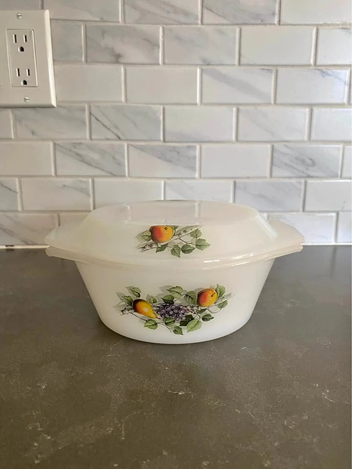 Vintage Arcopal France Fruits de France Milk Glass Casserole