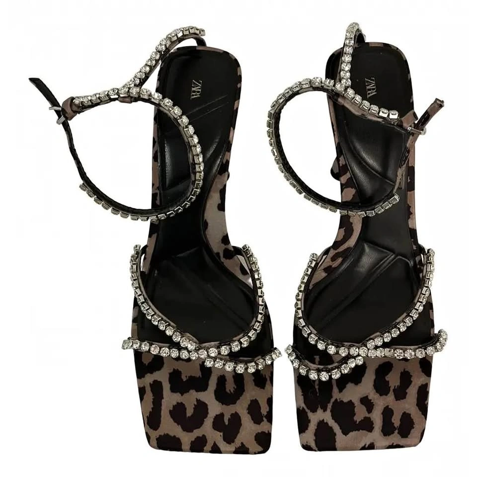 ZARA High-heeled leopard-print sandals with rhinestones US9