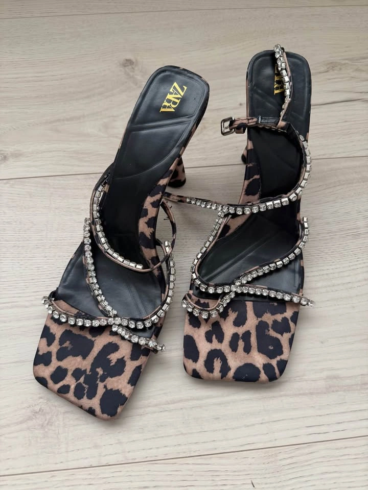 ZARA High-heeled leopard-print sandals with rhinestones US9 - photo 2