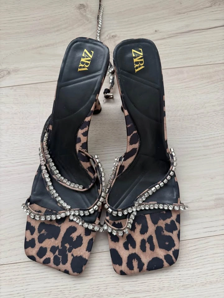 ZARA High-heeled leopard-print sandals with rhinestones US9 - photo 3
