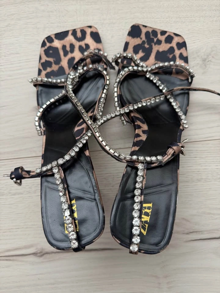 ZARA High-heeled leopard-print sandals with rhinestones US9 - photo 4