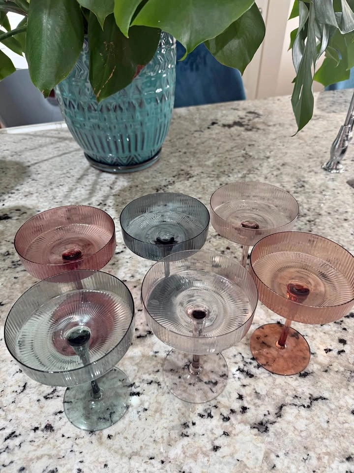 Colored Vintage Art Deco Coupe Glasses - Set of 6