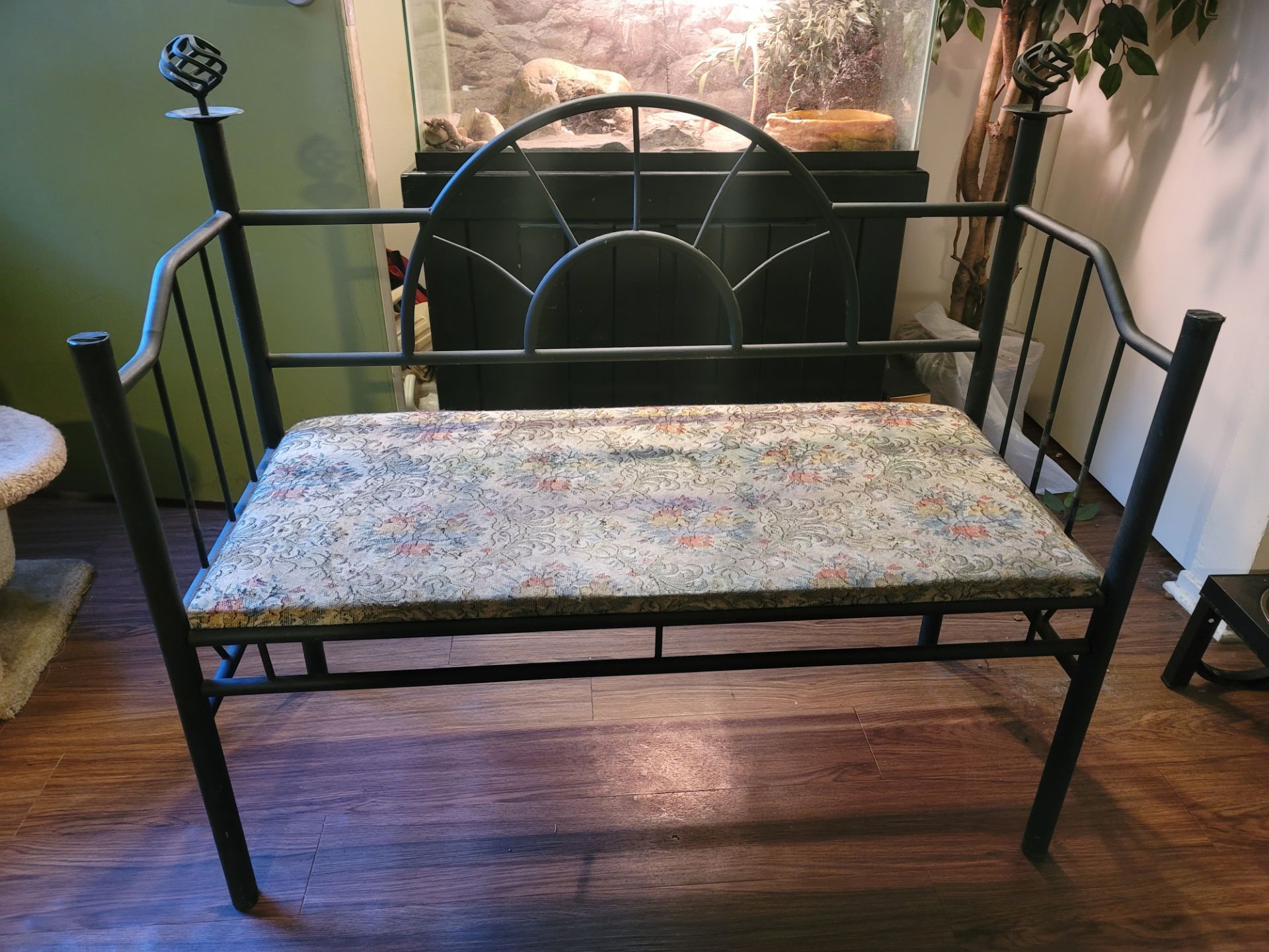 Vintage Wrought Iron Hall Bench with Sunburst Backrest