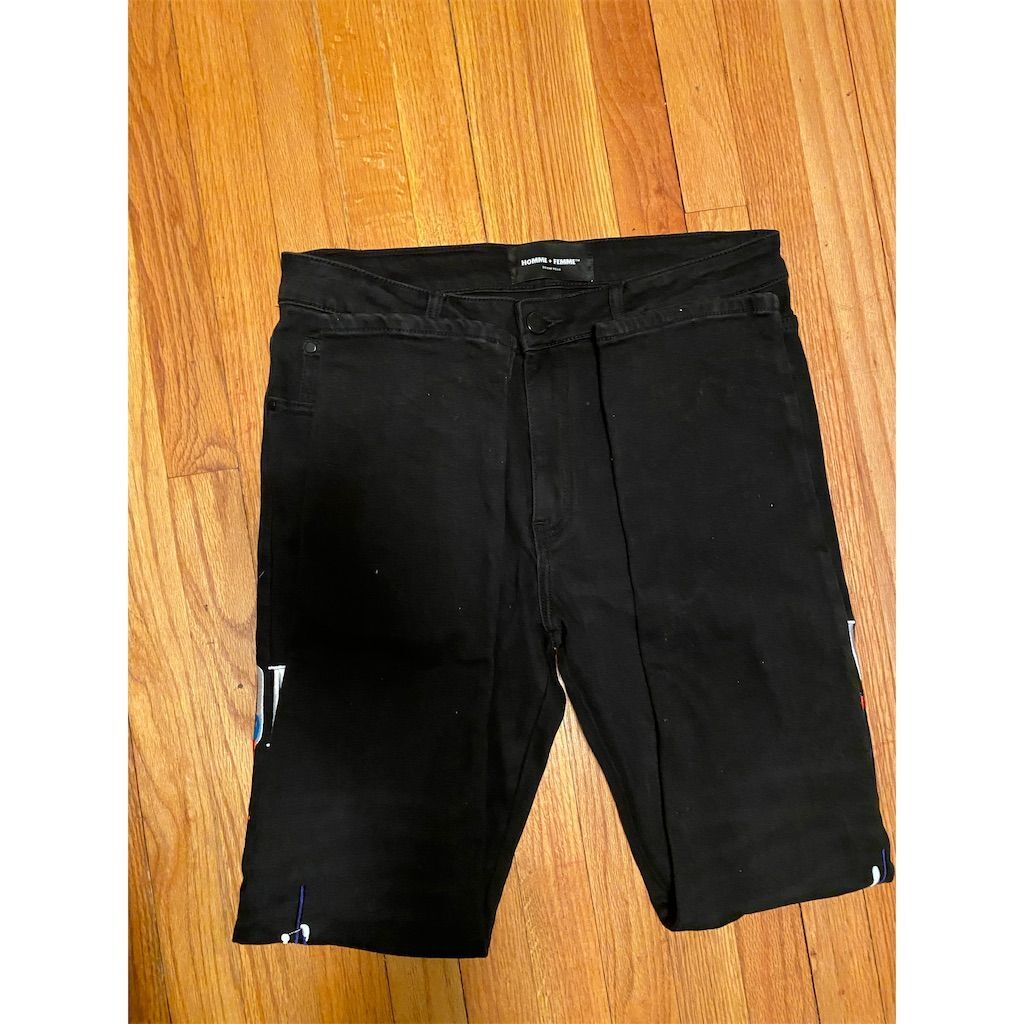 Homme Femme Men's Black Drip Denim Jeans Size 32 Straight Fit - photo 5