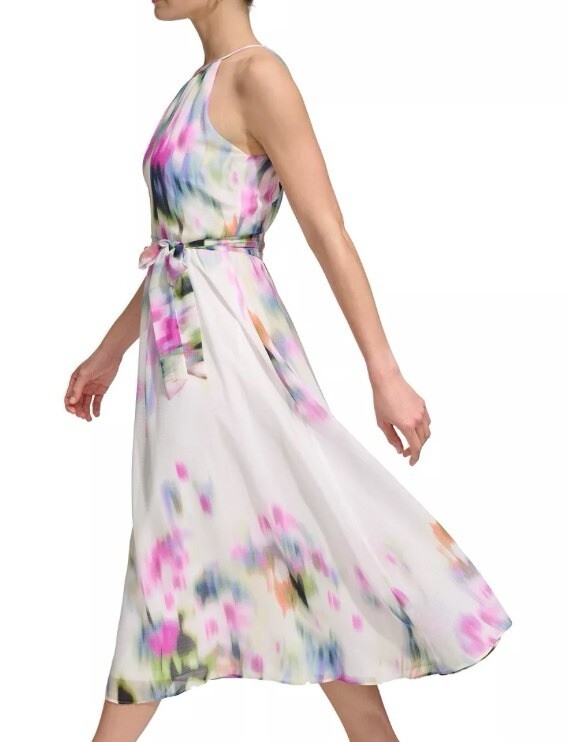 DKNY Sleeveless Printed Halter Neck Tie Waist Chiffon Maxi Dress