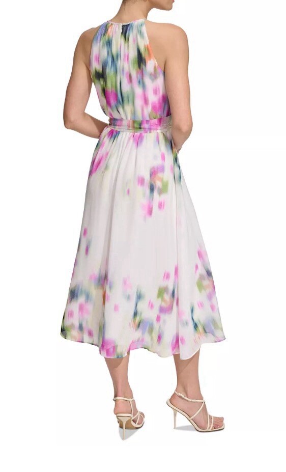 DKNY Sleeveless Printed Halter Neck Tie Waist Chiffon Maxi Dress - photo 4