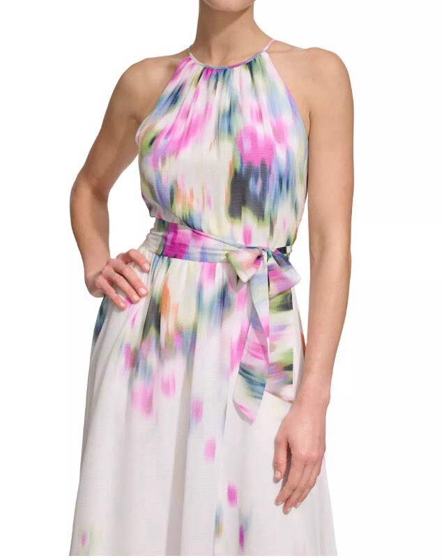 DKNY Sleeveless Printed Halter Neck Tie Waist Chiffon Maxi Dress - photo 5