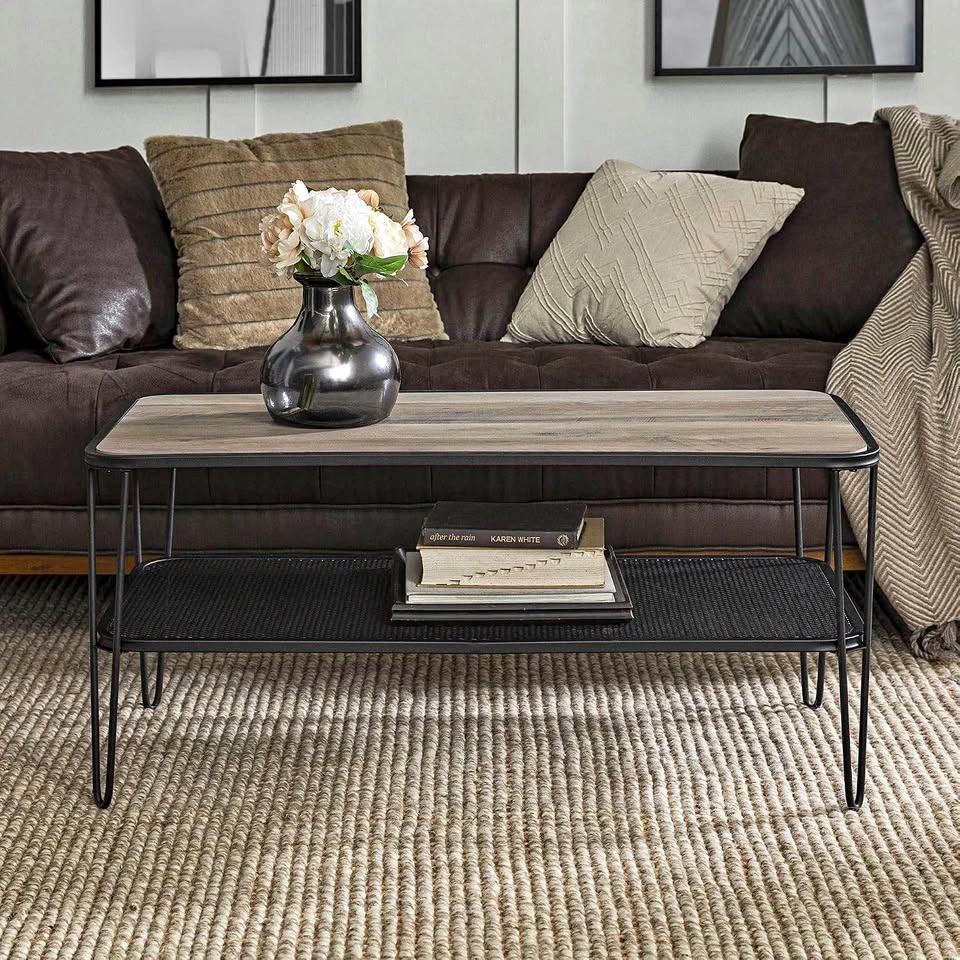 42" Urban Industrial Mesh Metal Shelf Coffee Table - Grey Wash