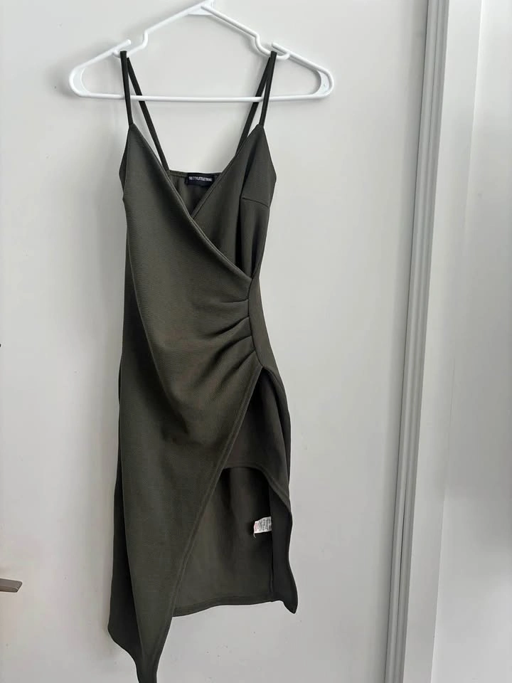 PrettyLittleThing Olive Green Asymmetrical Mini Dress – Size 2