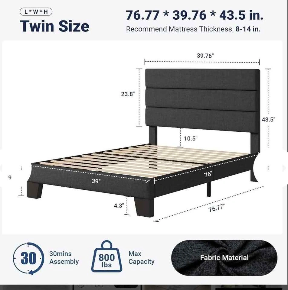 Twin Size Platform Bed Frame with Fabric - photo 2