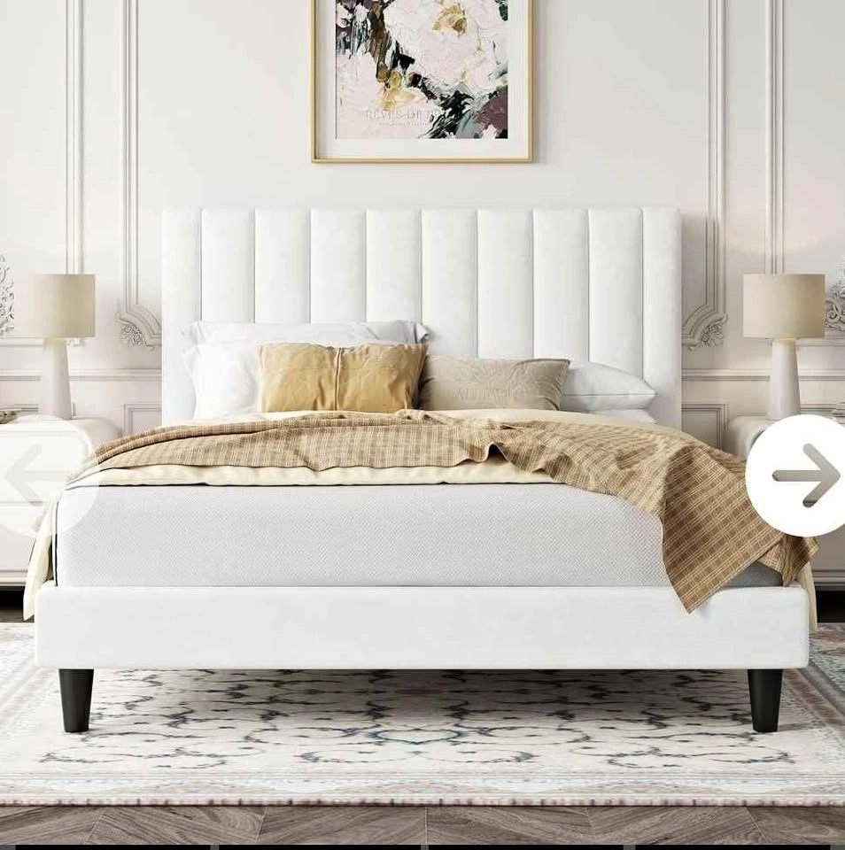 Full Bed Frame/White Velvet Upholstered Bed