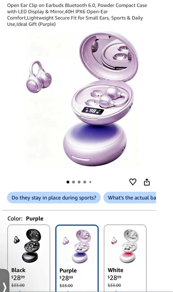 Open Ear Clip on Earbuds with LED Display & Mirror Case