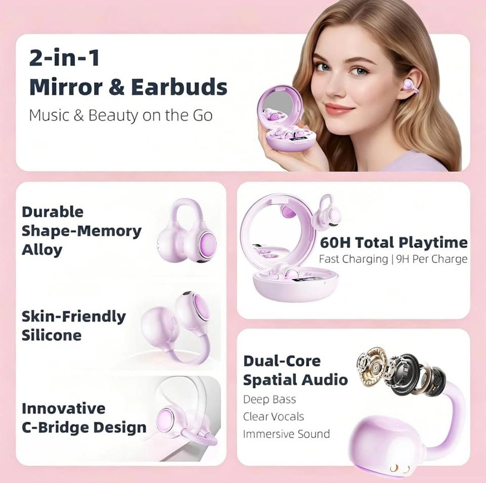 Open Ear Clip on Earbuds with LED Display & Mirror Case - photo 3