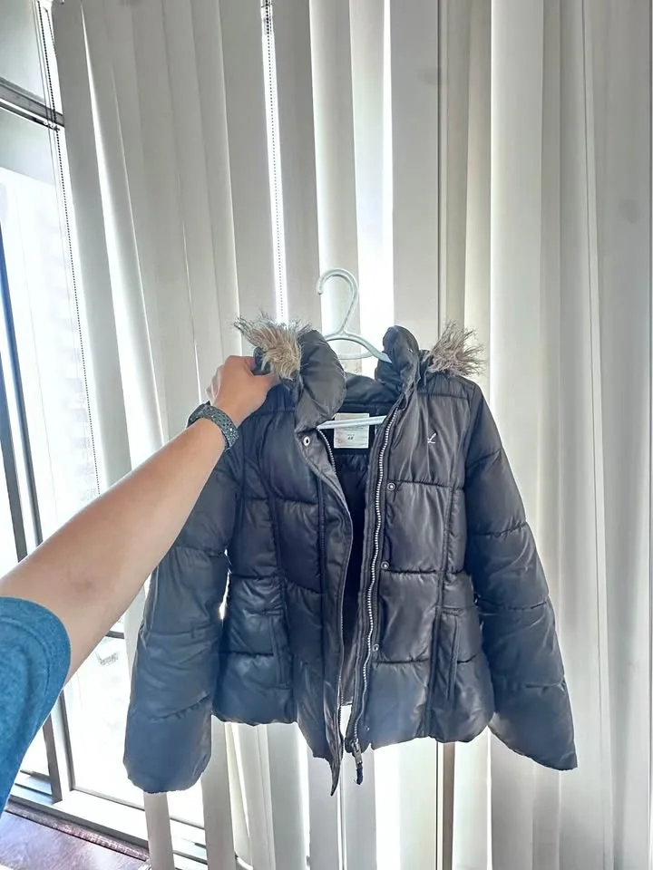 H&M Black Puffer Jacket with Faux Fur Hood