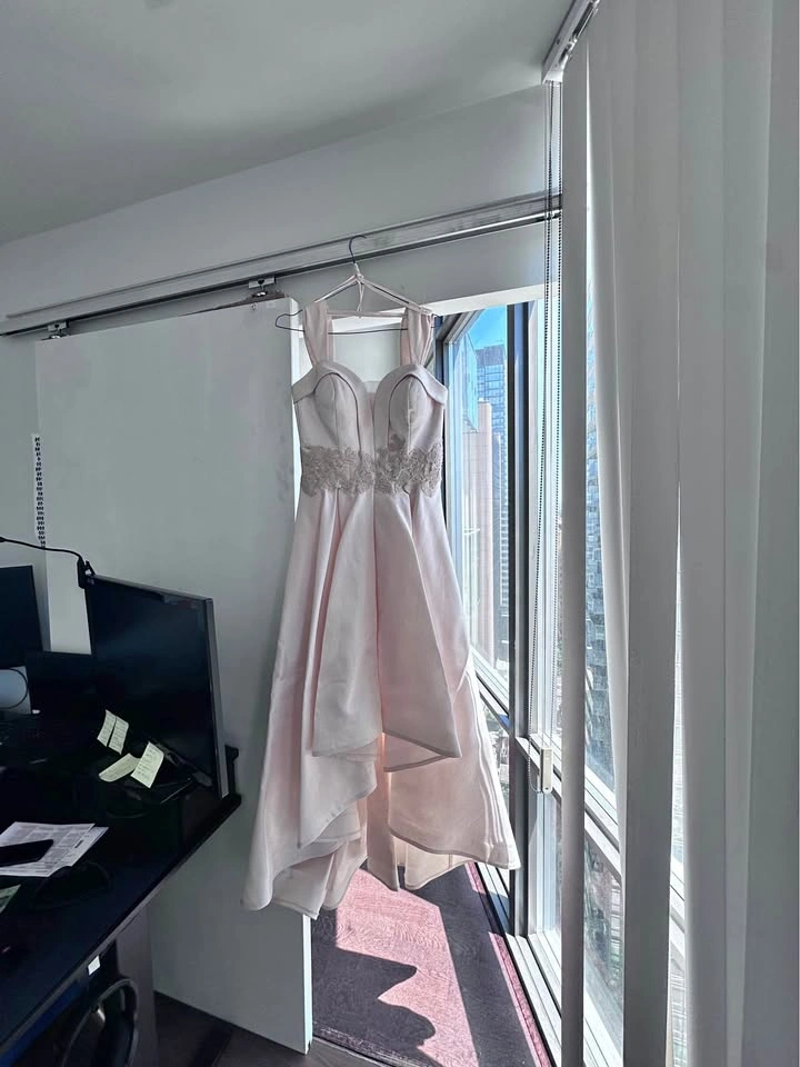Light Pink/ Pearl High-Low Formal Gown with Lace Waist