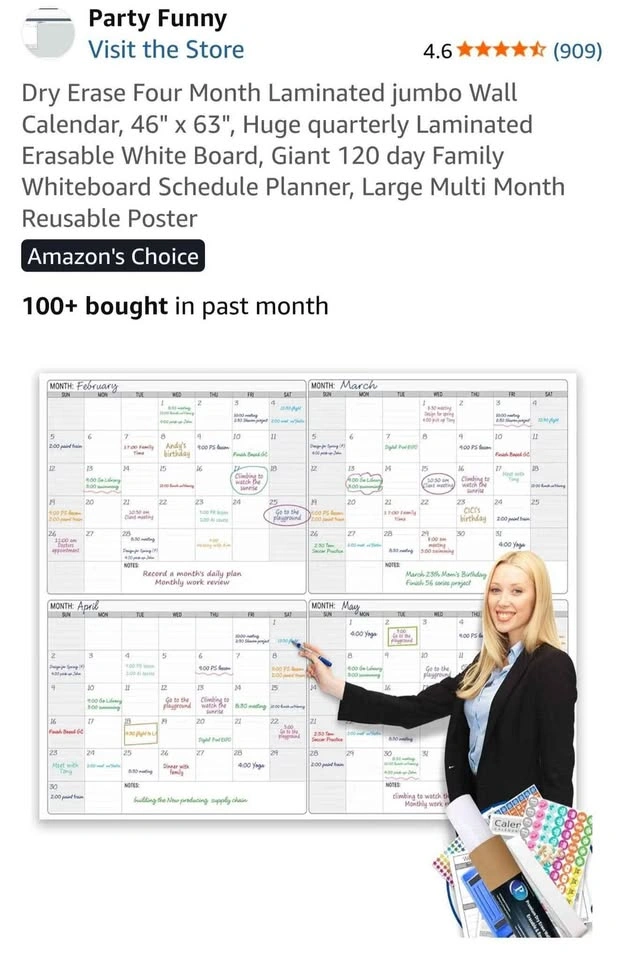 Jumbo 4-Month Laminated Dry Erase Wall Calendar, 46" x 63" - photo 3