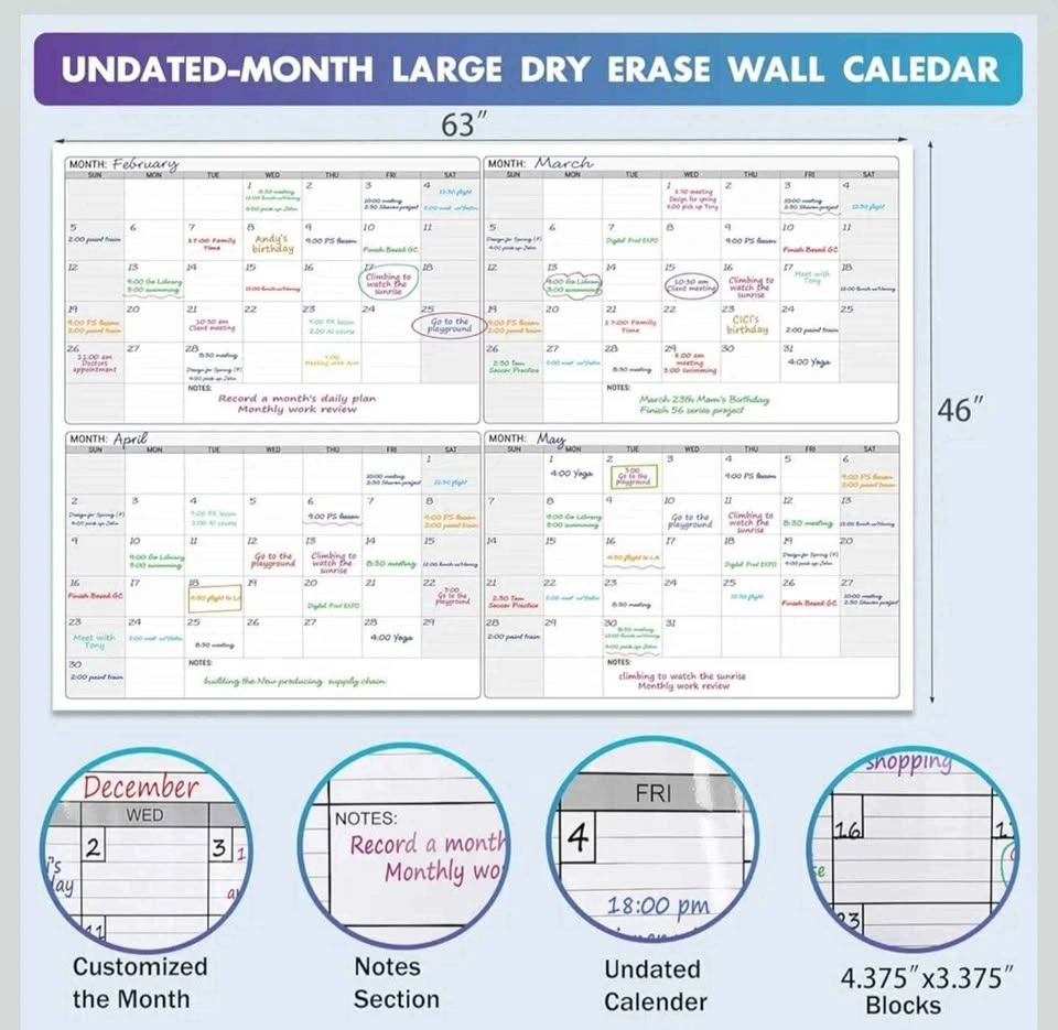 Jumbo 4-Month Laminated Dry Erase Wall Calendar, 46" x 63" - photo 5