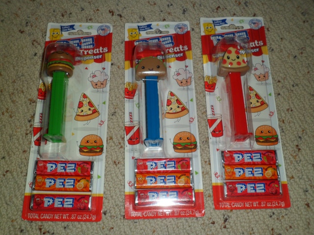 Complete Set of 3-Pez Treats Candy and Dispenser Pizza Taco Burg