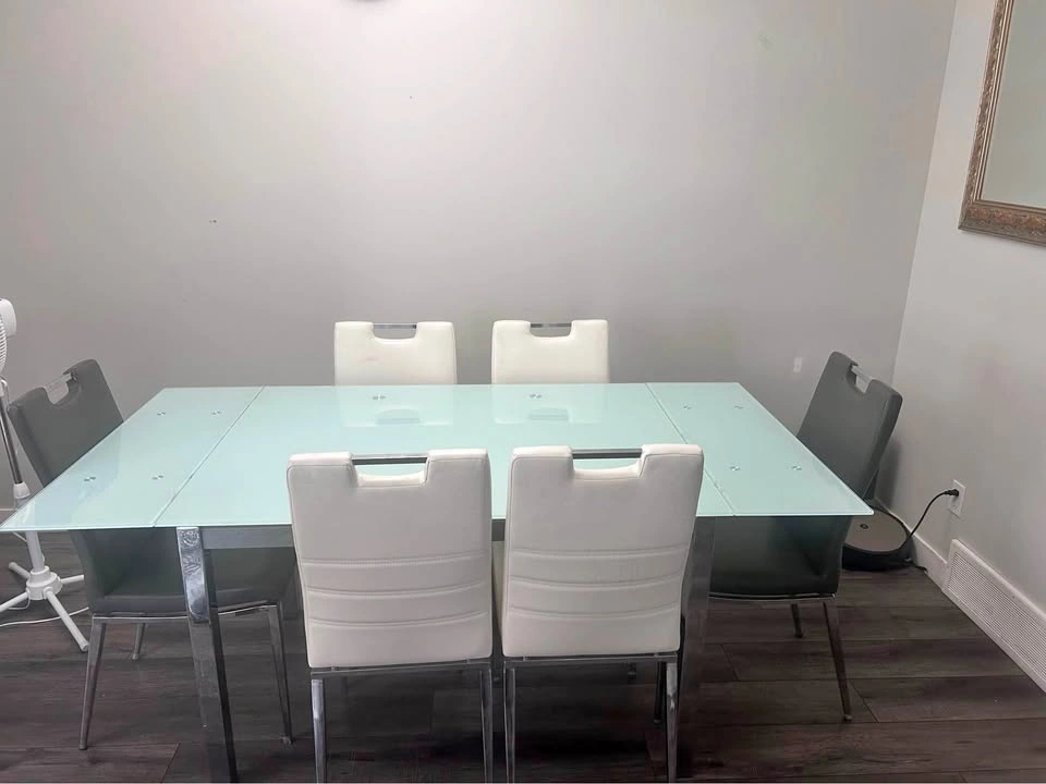 Modern Glass Dining Table with 6 Chairs – Foldable & Adjustable