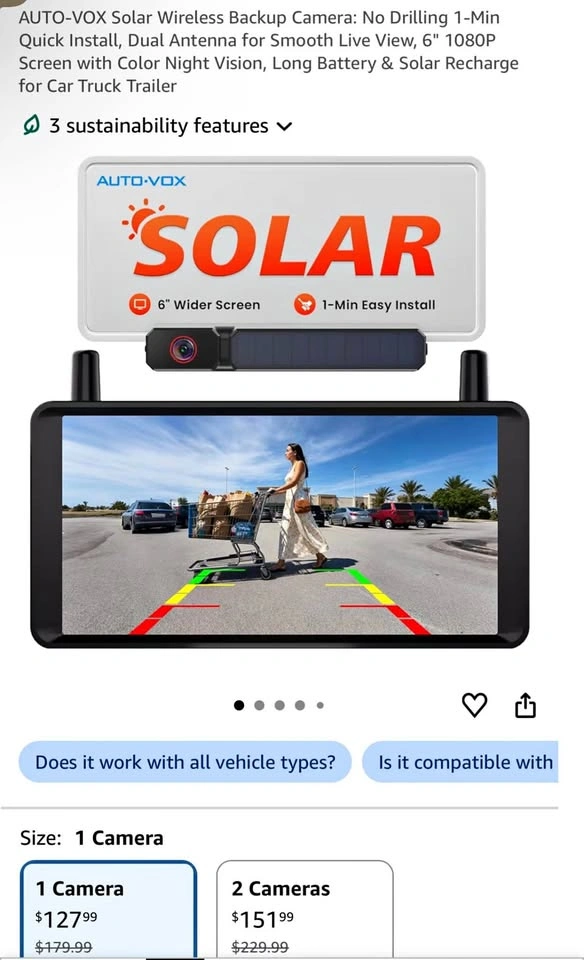 Solar Wireless Backup Camera 6" 1080P Screen