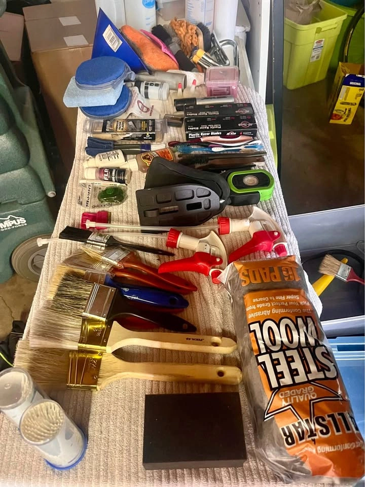 Car detailing supplies, chemicals, tools, and equipment
