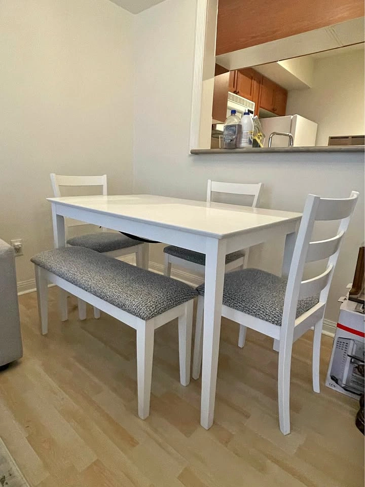 White Dining Table Set with 3 Chairs and Bench