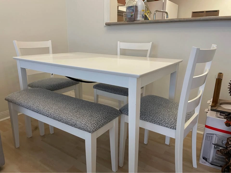 White Dining Table Set with 3 Chairs and Bench - photo 2
