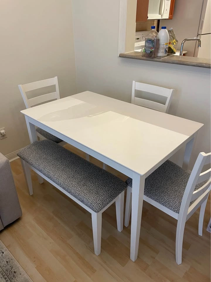 White Dining Table Set with 3 Chairs and Bench - photo 3