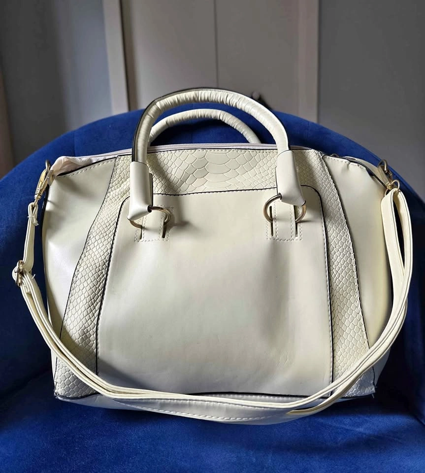 Cream Satchel Handbag with Snakeskin Accents & Crossbody Strap