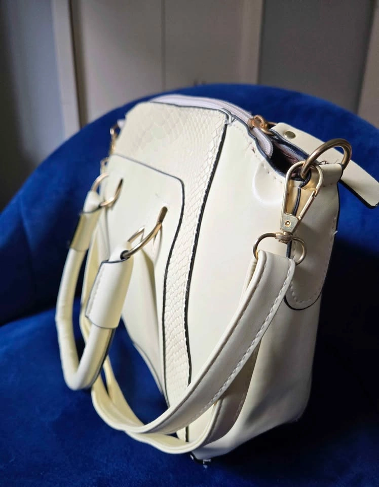 Cream Satchel Handbag with Snakeskin Accents & Crossbody Strap - photo 2