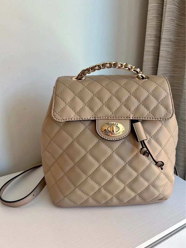 NEW Guess Quilted Backpack Beige Gold Chain